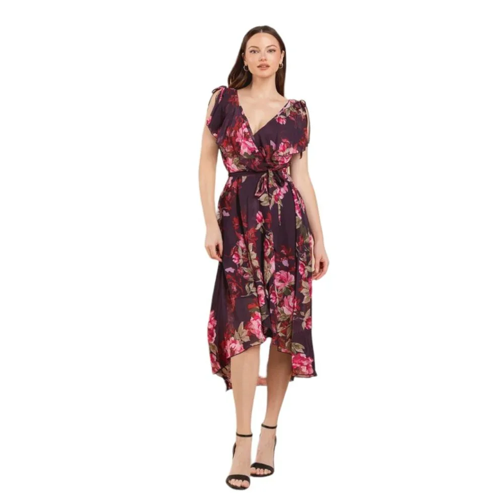Plum and Red Roses Wrapped Ruffles Hi-Lo Midi Dress - Size 8 - Picture 5 of 8